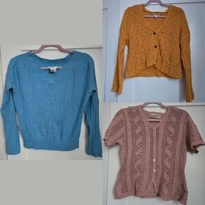 THREE Sweater Cardigans Set Lot Yellow Blue Pink